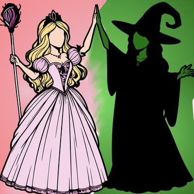 detailed realistic split of a princess and a witch