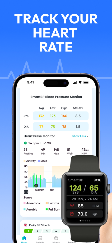Blood Pressure Tracker SmartBP - iPhone 및 Apple Watch의 SmartBP 앱 인터페이스는 심박수 모니터링 및 혈압 데이터를 보여줍니다