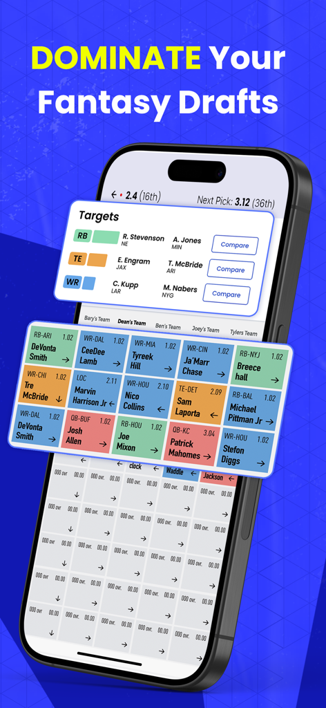WalterPicks app screen showing a live fantasy draft tool with player targets and a draft board for NFL players.