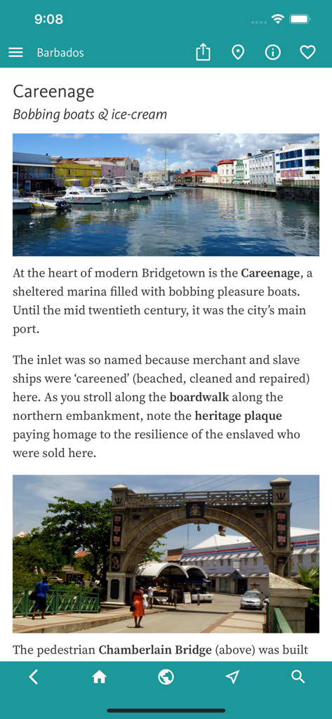 바베이도스 최고 여행 앱 화면, 브리지타운의 캐리니지 마리나와 보트, 체임벌린 다리 아치가 보임