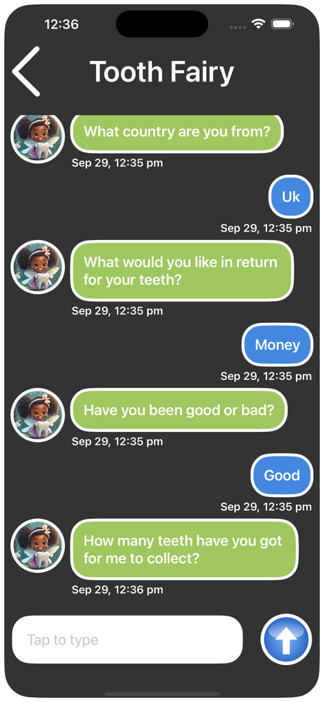 A simulated text message chat interface between a user and the Tooth Fairy on a mobile device.