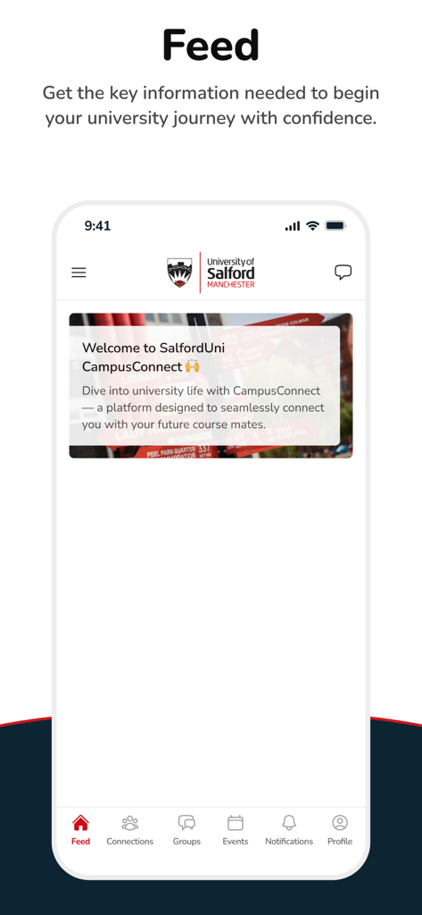 SalfordUni CampusConnect - Welcome screen of the SalfordUni CampusConnect app showing the student feed.