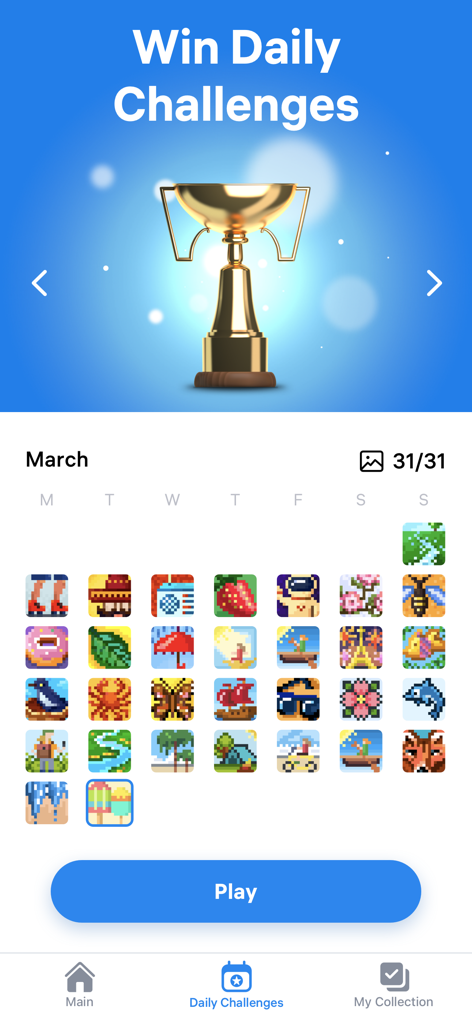 A gold trophy icon above a monthly calendar grid filled with completed pixel art puzzles.