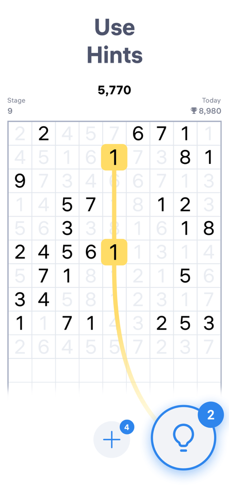 Number Match - Numbers Game - Schermata di gioco di Number Match che mostra un suggerimento che evidenzia due numeri corrispondenti su una griglia