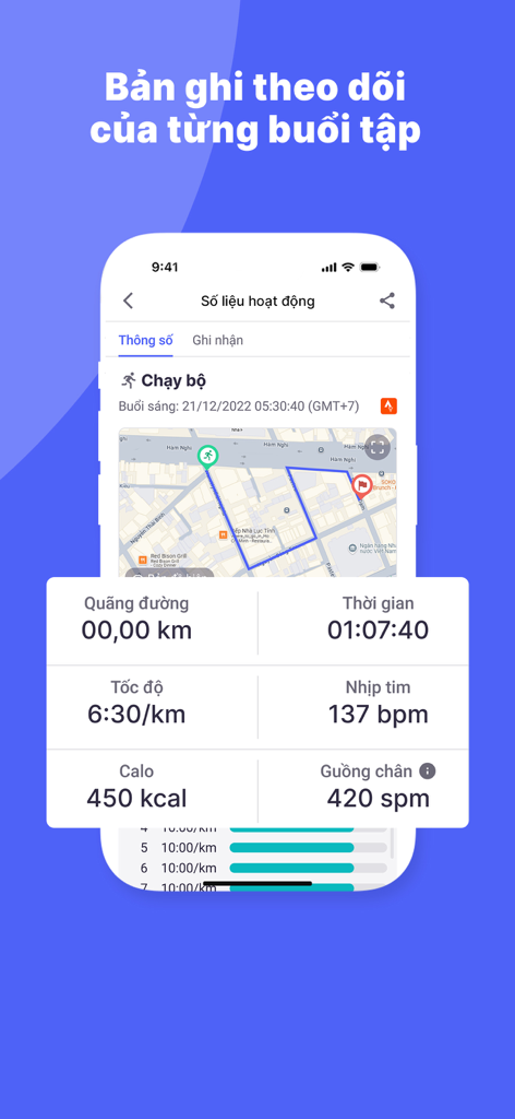 vRace mobile app screen showing activity tracking with a GPS map and run statistics like pace and heart rate