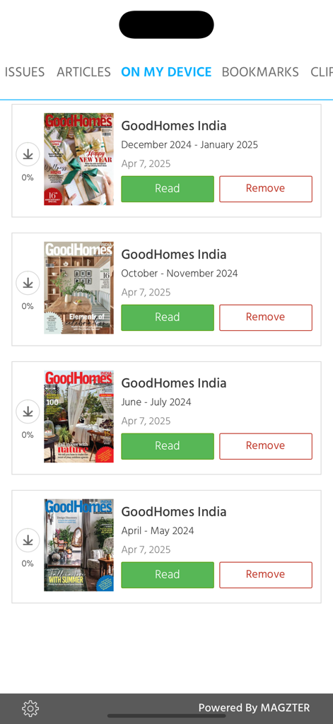 GoodHomes - Library screen in the GoodHomes India app showing a list of downloaded magazine issues available to read.