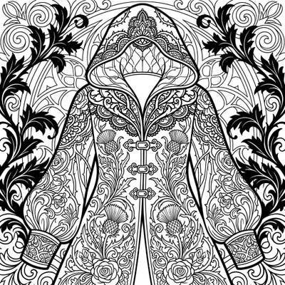 Dive into the dark elegance of this gothic floral outerwear coloring template, featuring an exquisitely detailed hooded coat. Adorned with thistles, roses, and lace, this design invites you to explore a world of mysterious beauty with your colors.