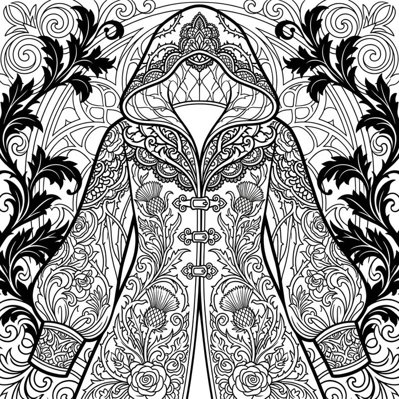 Dive into the dark elegance of this gothic floral outerwear coloring template, featuring an exquisitely detailed hooded coat. Adorned with thistles, roses, and lace, this design invites you to explore a world of mysterious beauty with your colors.