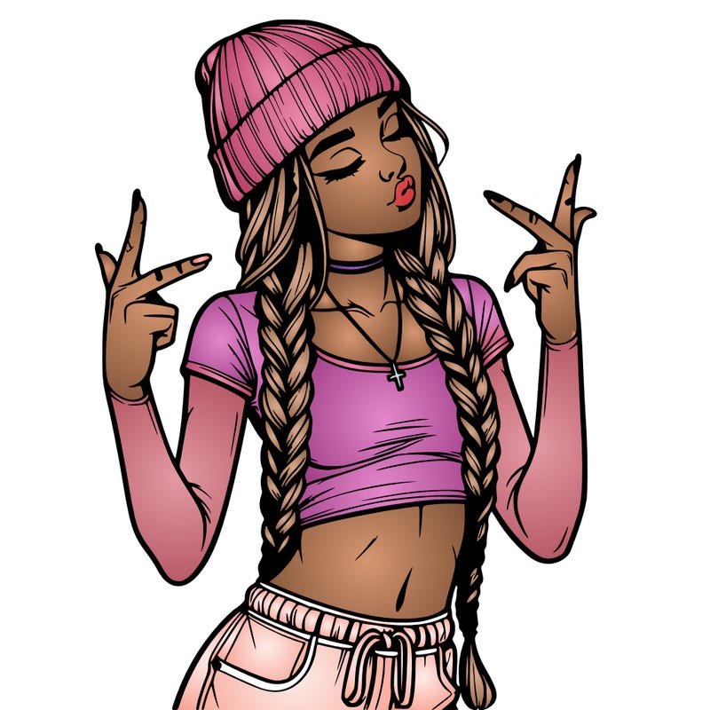 realistic teenage girl with braids and a beanie and crop top doing 🫶🏼
