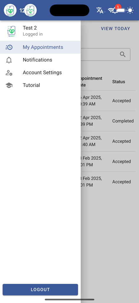 Menú lateral de la aplicación Good Doctor que muestra citas y configuraciones para profesionales de la salud