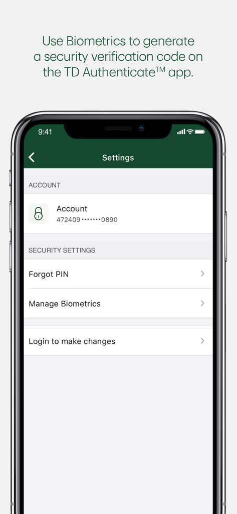 TD Authenticate - Settings screen of the TD Authenticate app showing options for managing biometrics and account security