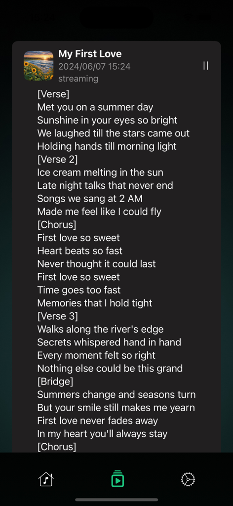 Amper Music: AI Song Generator - Interfaccia dell'app Amper Music che mostra testi generati dall'IA per una canzone intitolata My First Love