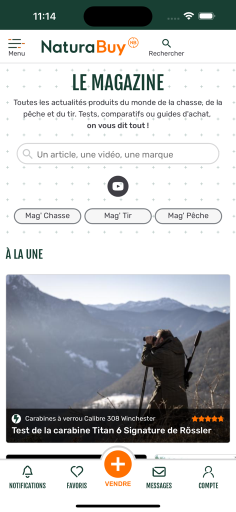 Section magazine de l'application NaturaBuy montrant des tests de matériel de chasse et des articles sur le matériel de pêche et de tir.