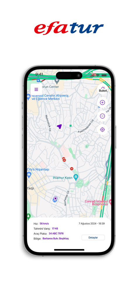 Efatur Servis - Pantalla móvil que muestra la ubicación GPS en tiempo real de un transporte escolar en un mapa