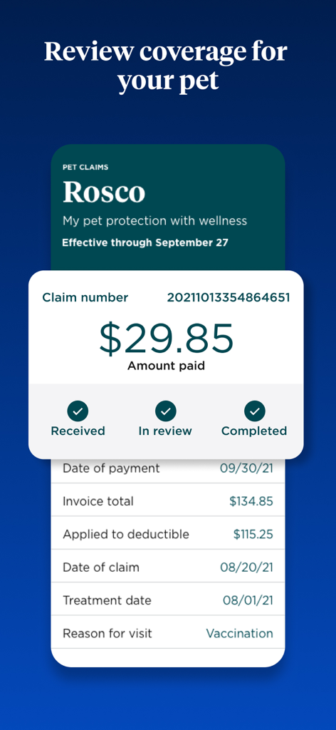 Uma captura de tela do aplicativo Nationwide Mobile mostrando detalhes completos de sinistro de seguro de pet e detalhamento de pagamento para um pet chamado Rosco.