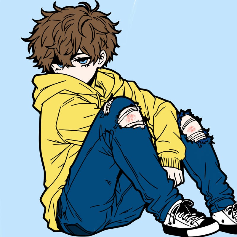 a male hoddie ripped jeans messy hair anime