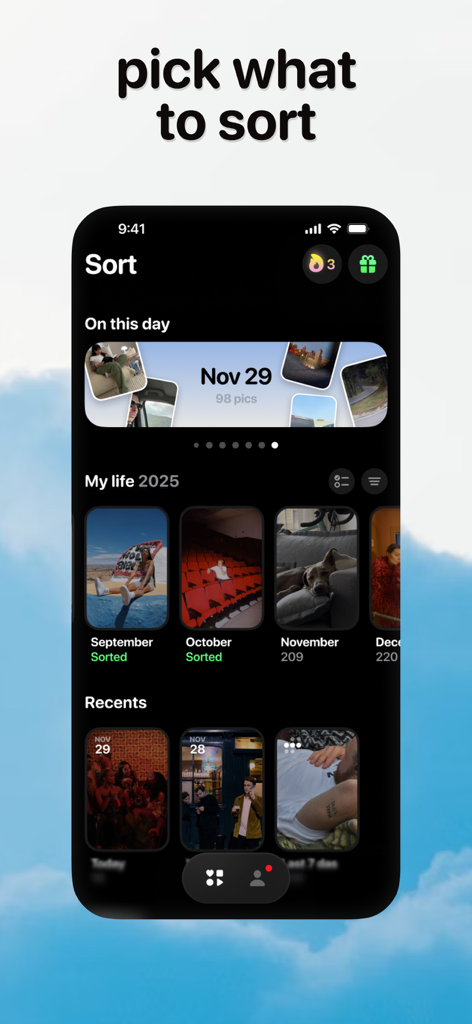 Picnic app interface showing different photo categories to sort and organize