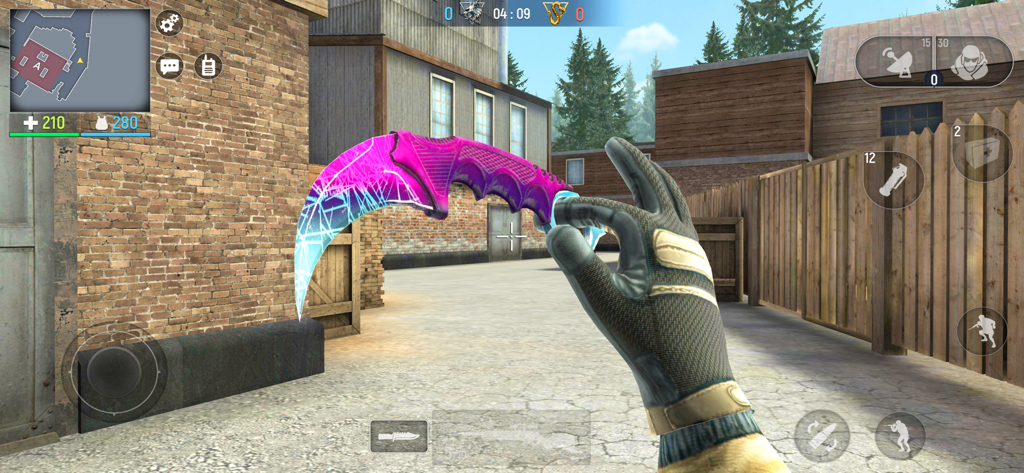 Modern Ops: Online Gun FPS - Modern Opsの試合で、鮮やかなピンクと青のカランビットナイフを持つプレイヤーをファーストパーソンビューで表示。