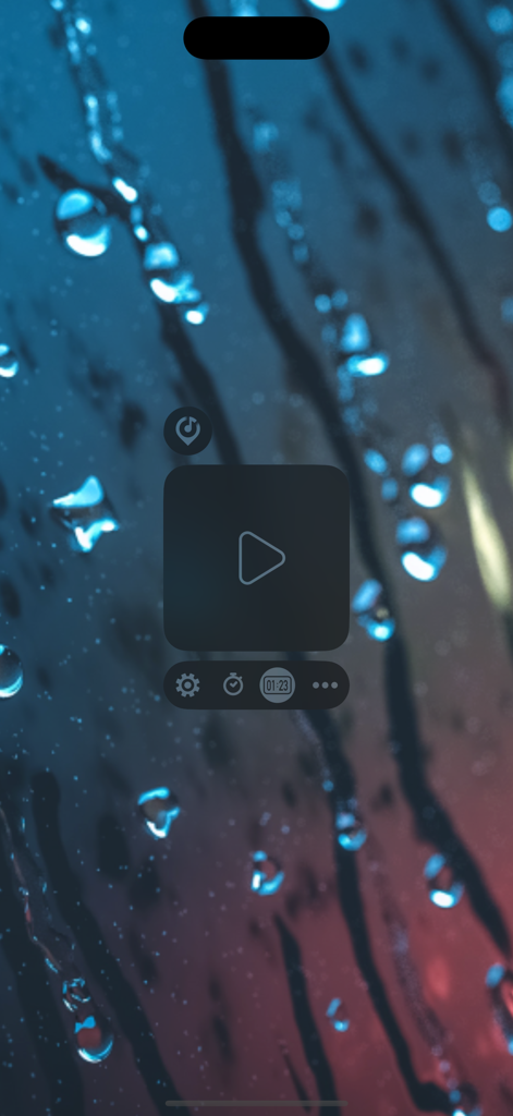 Somewhere - Rain Sound ASMR - Interfaz de usuario minimalista de la aplicación Somewhere Rain Sound ASMR con un botón de reproducción y un fondo estético de gotas de lluvia