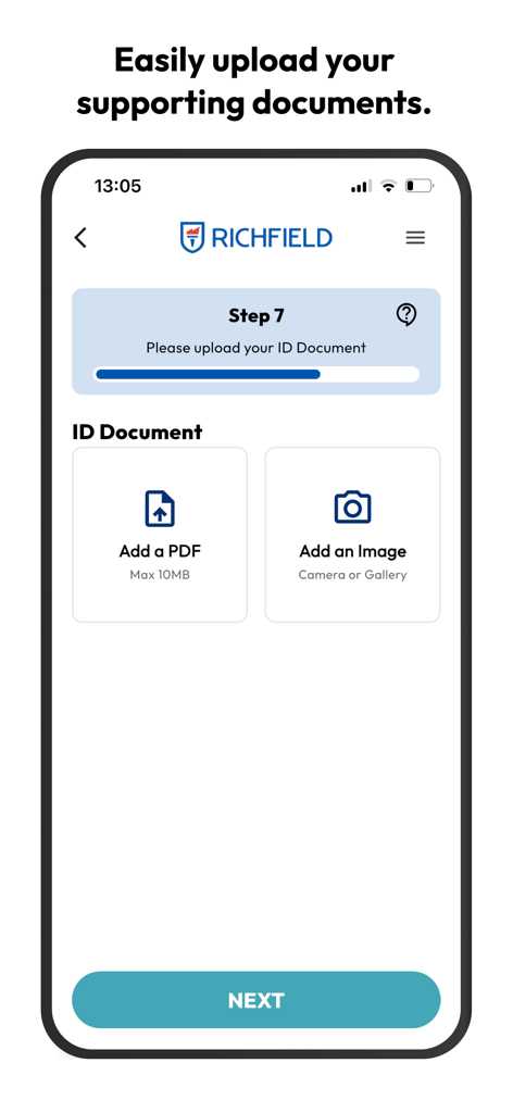 Richfield Education - A mobile app screen for Richfield Education showing options to upload an ID document via PDF or image as part of a student application process.