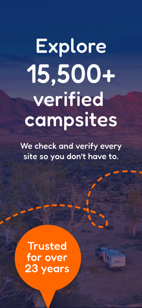 CAMPS: Camping Australia Wide - Pantalla promocional de la aplicación CAMPS destacando más de 15.500 campings verificados en Australia