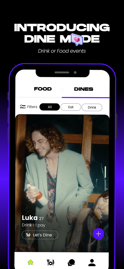 Tasteit: Connecting Foodmates - Screenshot of the Tasteit app showing the Dine Mode interface where users can find foodmates for drinks or meals