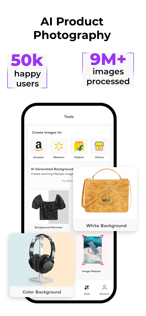 DoMyShoot Product Photo Studio - DoMyShoot app interface showcasing AI product photography tools like background removal and white background for eCommerce sellers