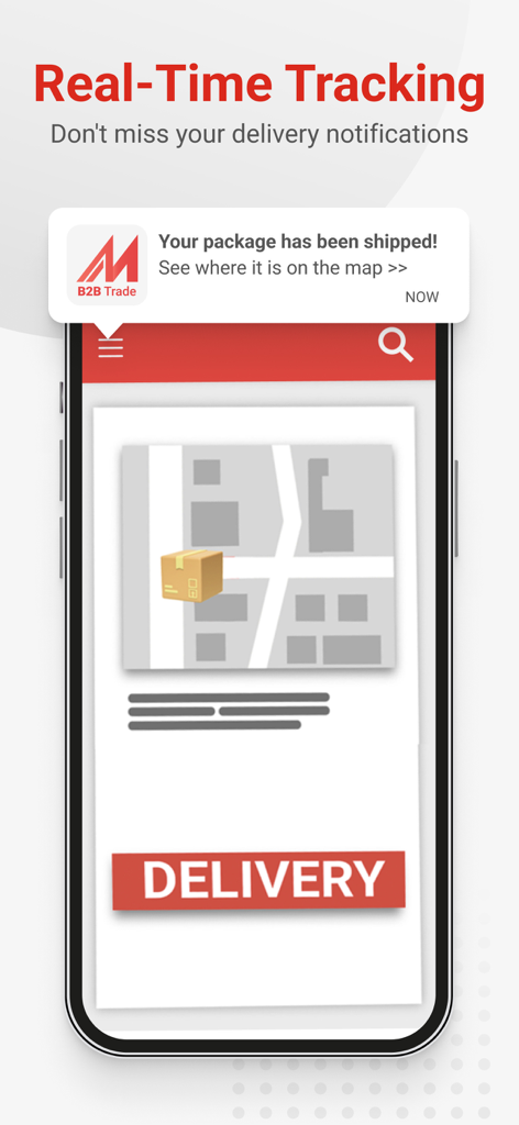 Made-in-China B2B Trade App - Smartphone interface of the Made-in-China B2B app showing a real-time tracking notification and package location on a map.