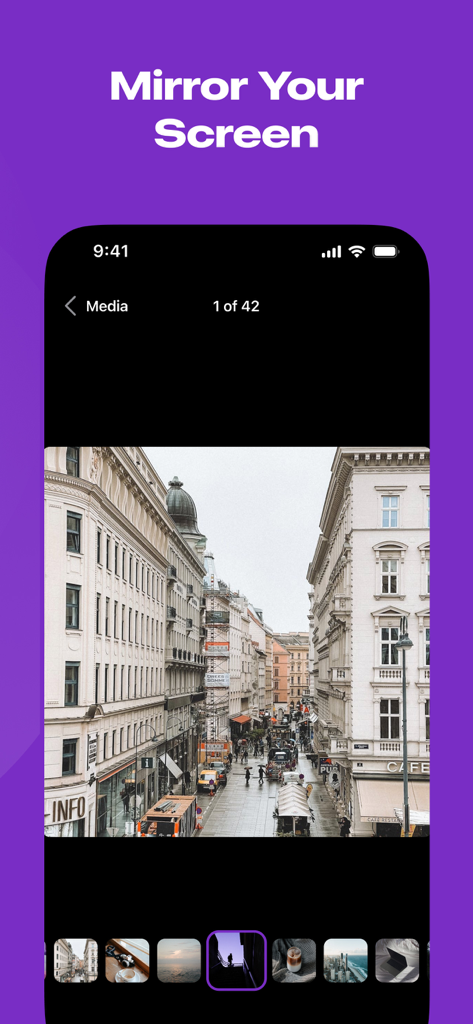 Roku TV Remote Control & Cast - iPhone screen displaying a photo gallery under the heading Mirror Your Screen