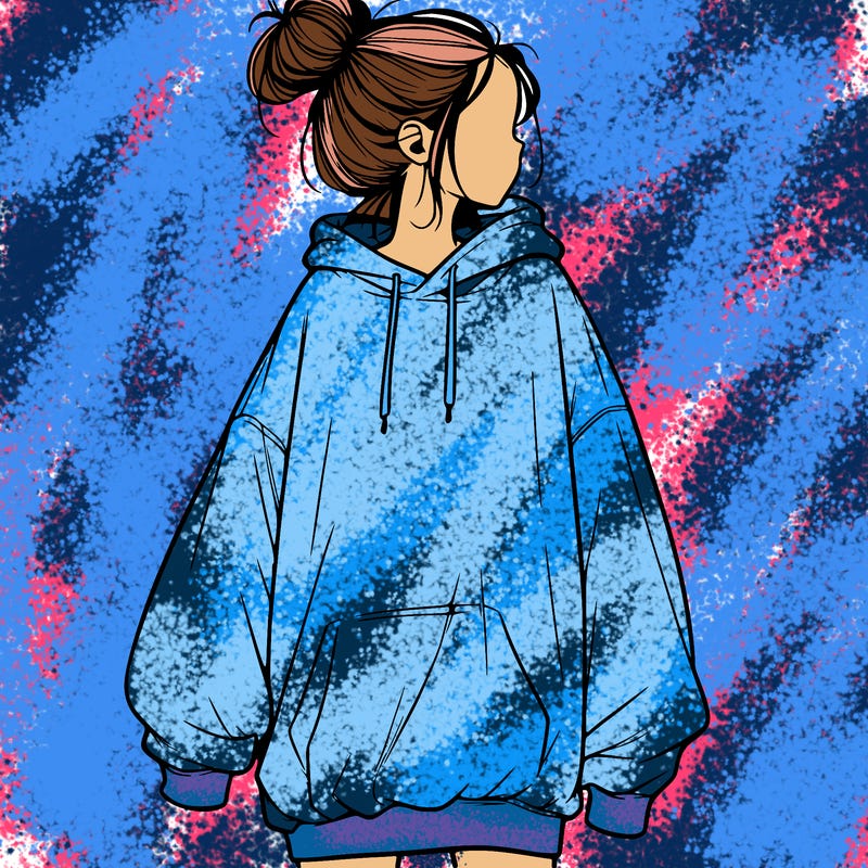 realistic girl with a oversized sweatshirt on and a bun