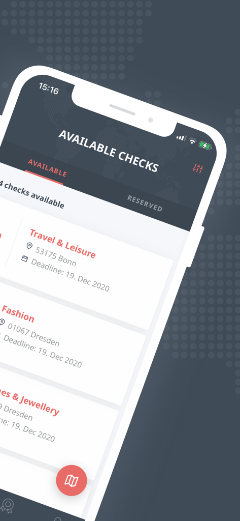 ISC-CX mobile - Die ISC-CX Mobile App-Oberfläche zeigt eine Liste verfügbarer Mystery-Shopping-Missionen mit Fristen und Standorten.