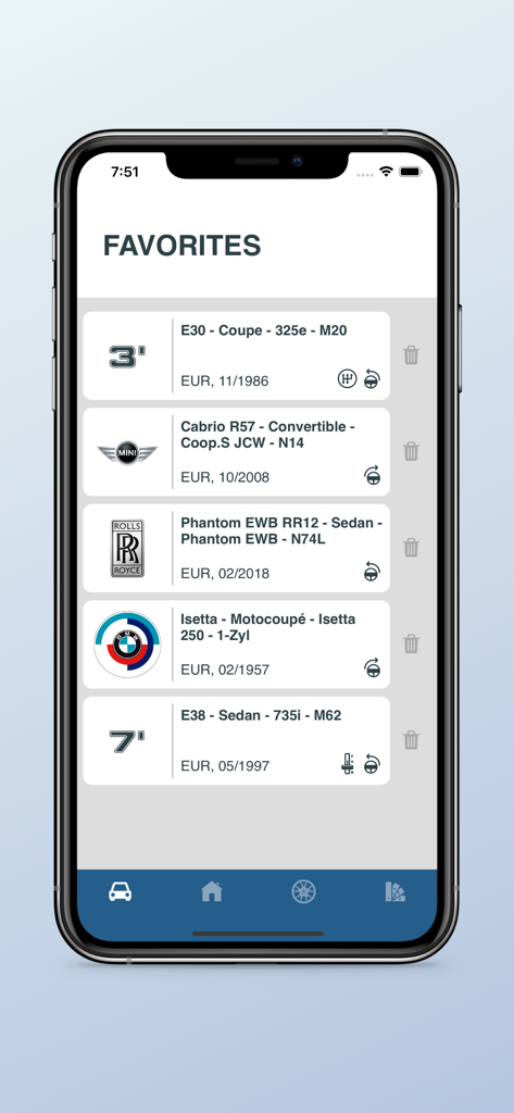 BimmerRefs app screen displaying a list of saved favorite BMW Mini and Rolls Royce cars