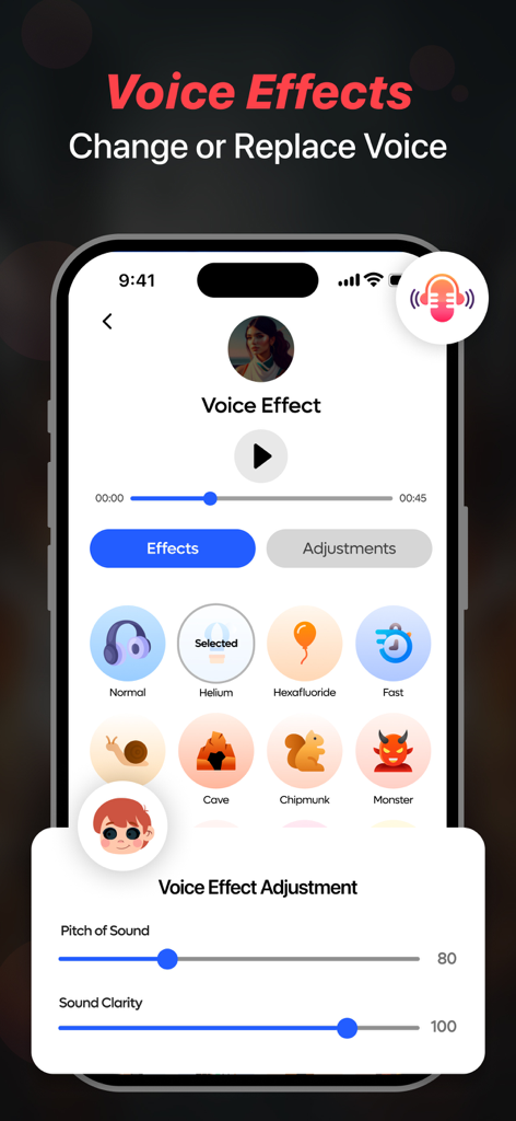 Screen Recorder - Stream Games - Interfaz de la aplicación móvil de grabadora de pantalla que muestra opciones de efectos de voz como ardilla de helio y monstruo con controles deslizantes de tono y claridad