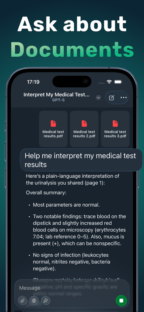 Xenova: AI Chat & Assistant - Xenova AI app interface showing document analysis of medical test results with a summary by GPT-5.
