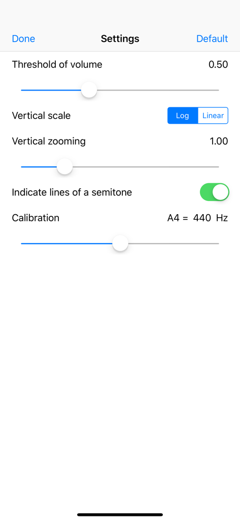 オーディオスペクトラムモニターアプリの設定画面。音量しきい値の縦スケールとピッチキャリブレーションコントロールを備えています。