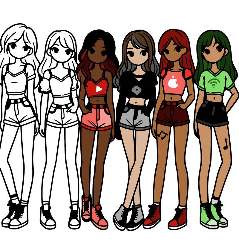 a group of girls wearing crop tops and shorts