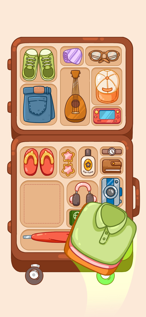 Satiszone: Perfect ASMR Tidy - A suitcase organization puzzle in Satiszone where travel items like clothes and gadgets are neatly packed into compartments.