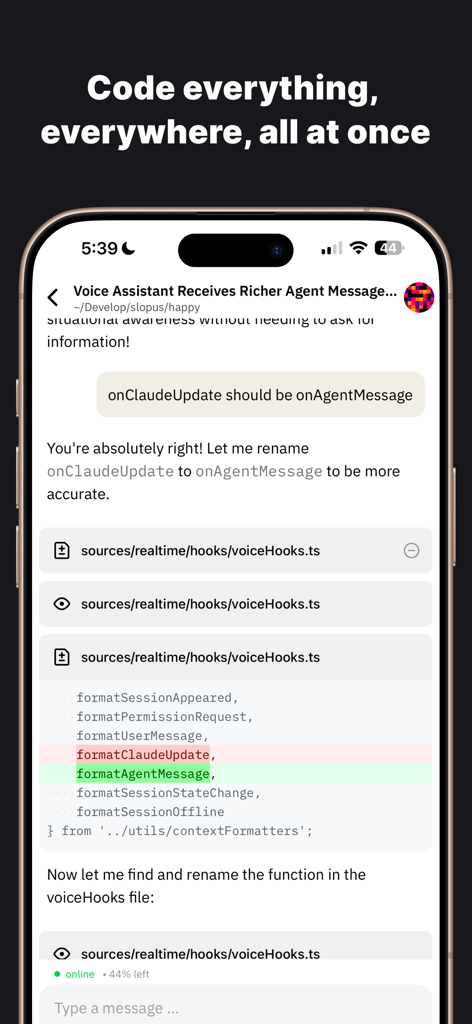Happy: Codex & Claude Code App - Happy Coder app displaying real time AI code refactoring and file diff on a mobile device