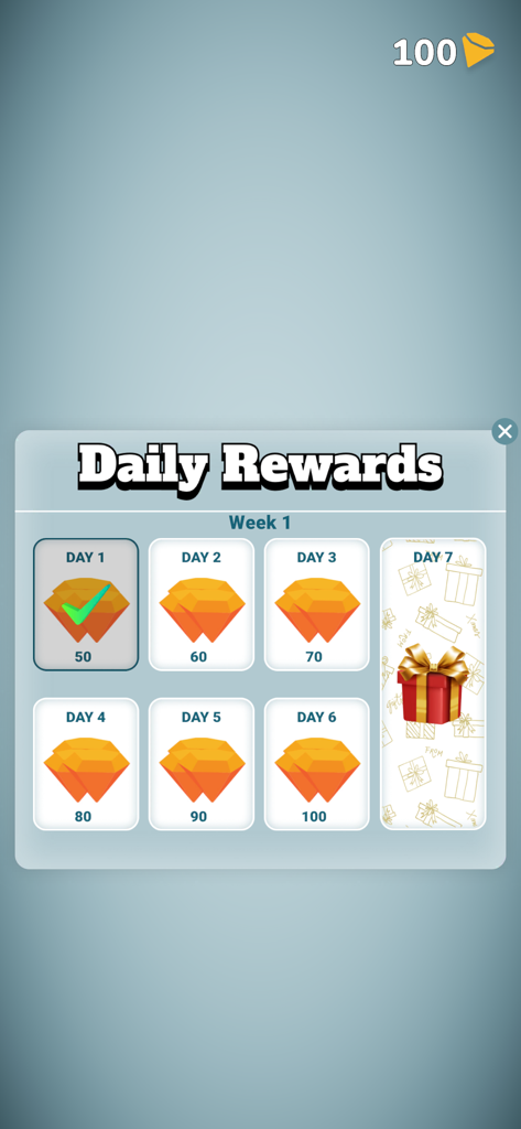 Spike: Stay calm, dodge sharp! - Daily rewards screen in the Spike app showing a seven day login streak with diamond bonuses and a weekly gift box