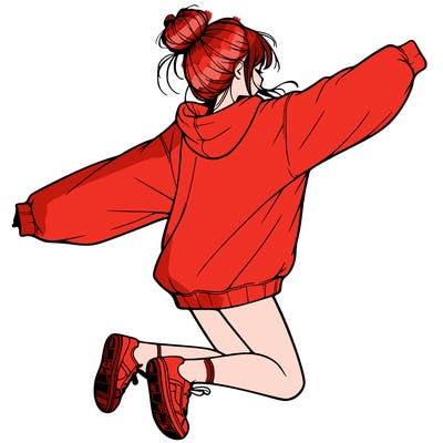 realistic girl jumping with a bun and oversized sweatshirt
