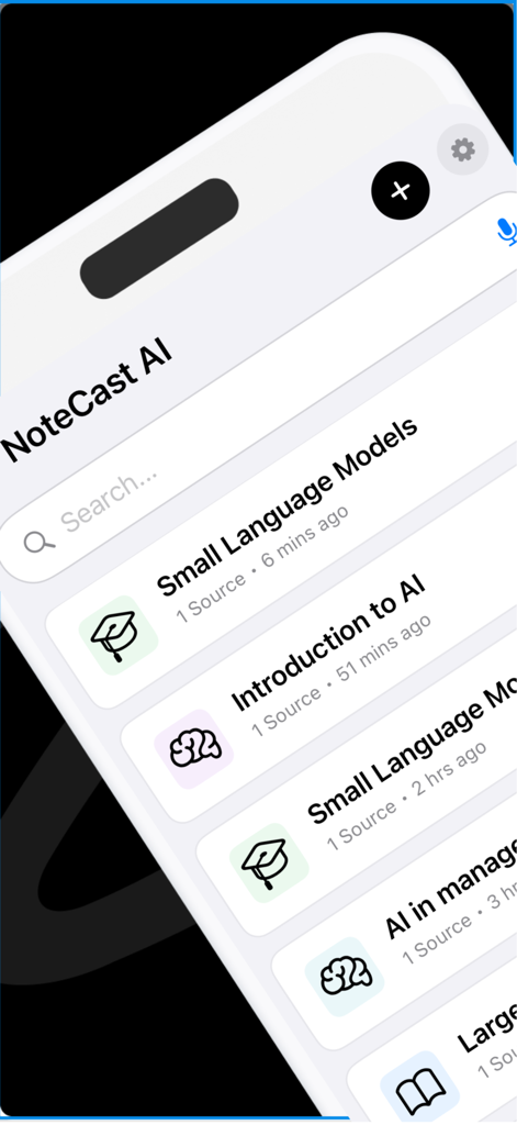 NoteCast AI - NoteCast AI app library showing a list of AI generated audio notes and podcasts