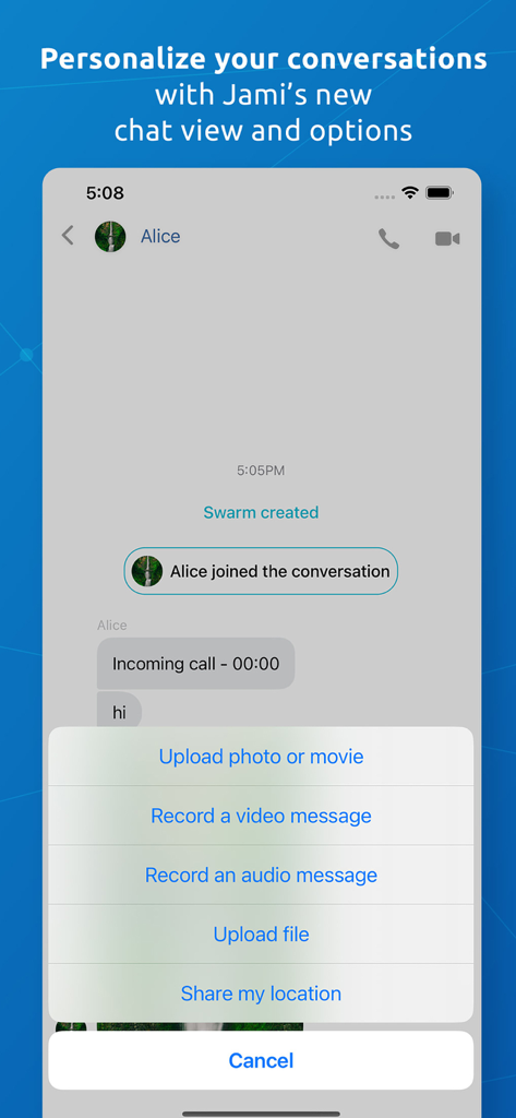 Jami - Jami-App-Chat-Oberfläche, die Optionen zum Teilen von Fotos, Videonachrichten, Audiomeldungen und Dateien anzeigt.