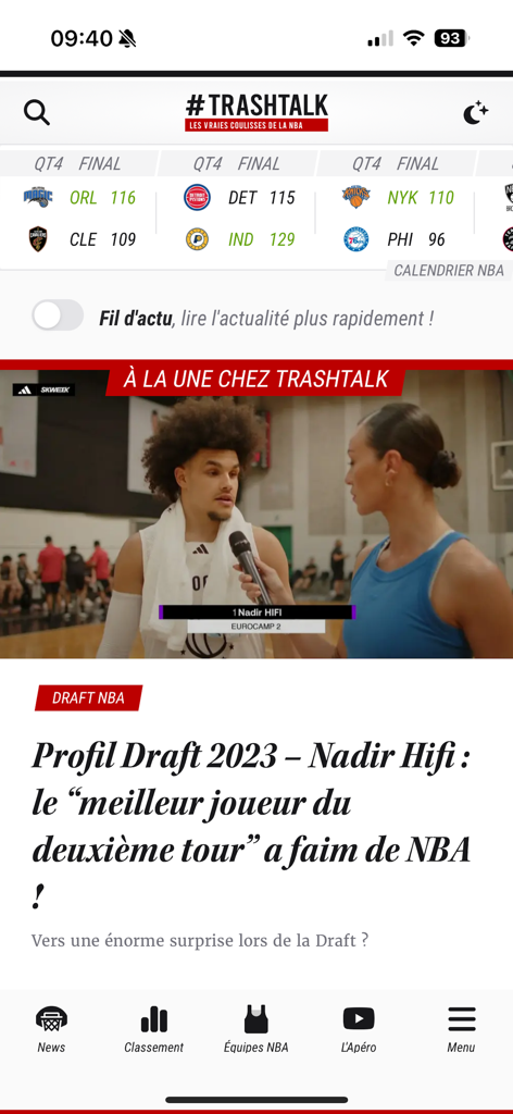 TrashTalk - Actus & vidéos NBA - TrashTalk app display showing NBA game scores and featured basketball draft news