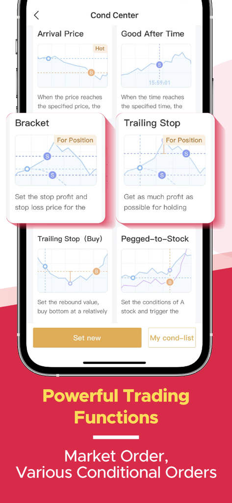 VBrokers-Trade Stock & Option - Mobile interface showing advanced conditional trading orders like trailing stop and bracket orders in the VBrokers app