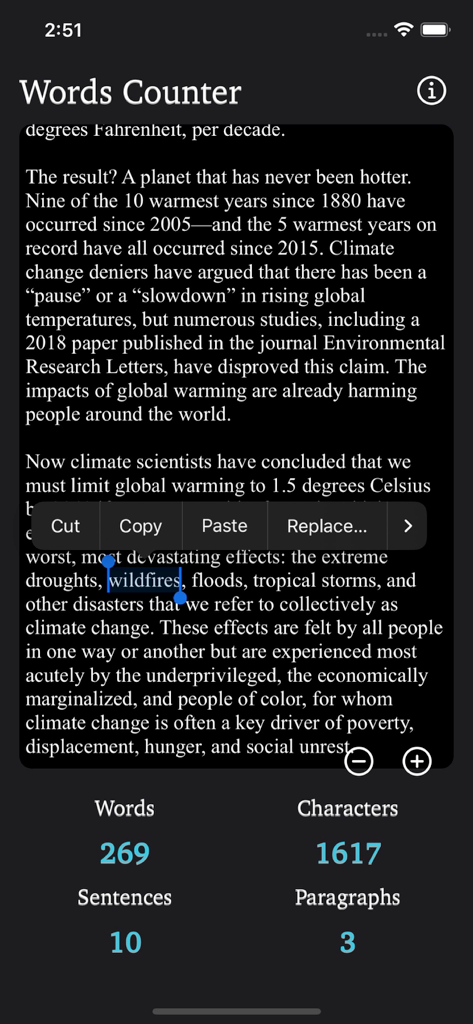 Interface of the Words Counter Plus app showing real-time statistics for words, characters, sentences, and paragraphs in dark mode.