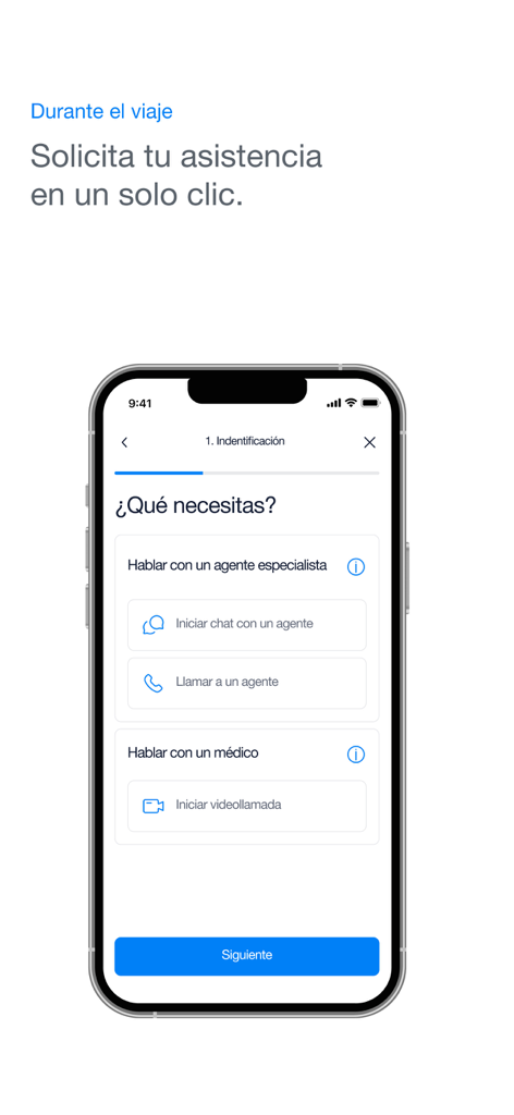 Intermundial - Smartphone displaying Intermundial app options for travel assistance via chat, phone, or video call with a doctor.