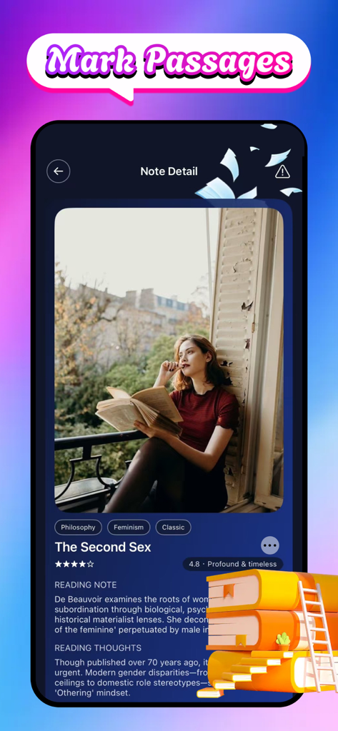Vilo: Record & Explore More - Una captura de pantalla de la aplicación Vilo que muestra una nota de lectura detallada para el libro El Segundo Sexo, que incluye una foto de estilo de vida y reflexiones personales.