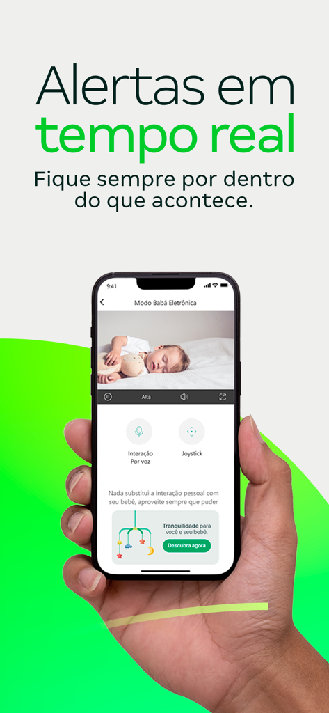 Mibo Smart: Casa Inteligente - Smartphone displaying the Mibo Smart app baby monitor mode with live video feed and real-time alerts.