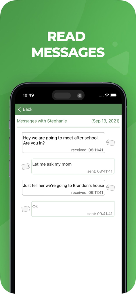 MMGuardian Parental Control - Interface de l'application MMGuardian affichant les SMS surveillés sur le téléphone d'un enfant pour des raisons de sécurité parentale.