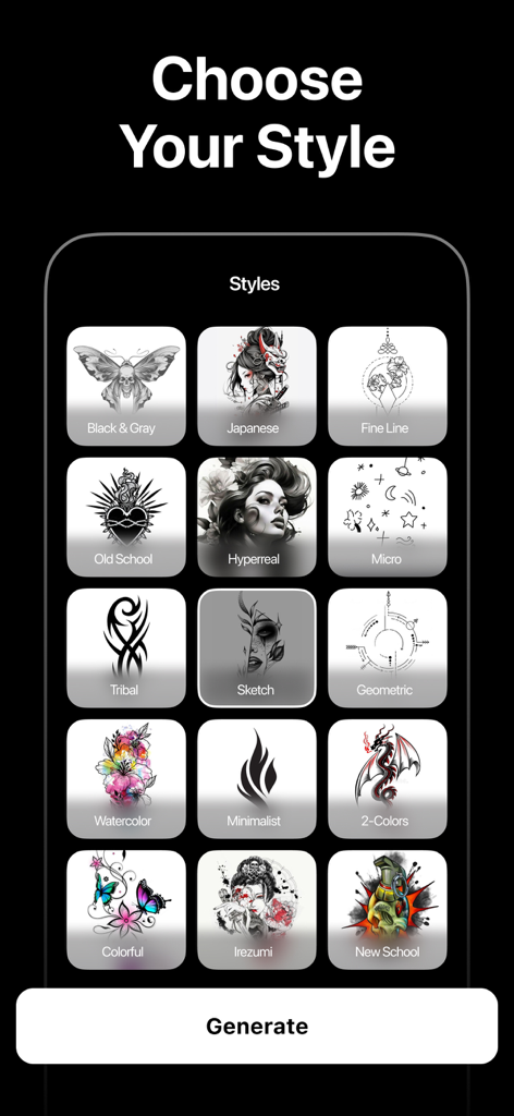 Interface of the AI Tattoo Generator Maker showing a grid of different tattoo styles like Japanese tribal and minimalist for users to choose from